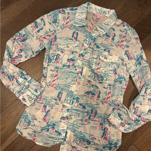 Lilly Pulitzer Cruiser Watch Out Pink Lighthouse Blouse Button Up Beach Fun